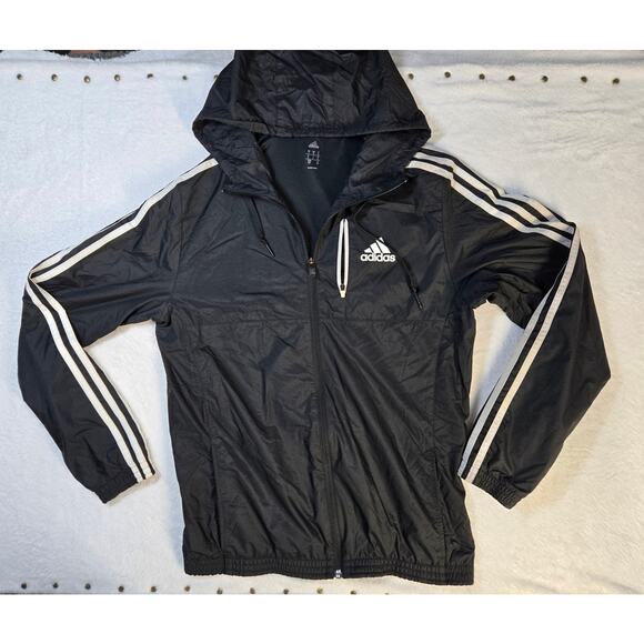 Adidas Jacket Mens Small Black Nylon Windbreaker Full Zip 3 Three Stripes Hooded - Picture 1 of 6